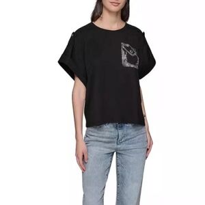 Karl Lagerfeld Embellished Pocket Black Tee Women's Size XL